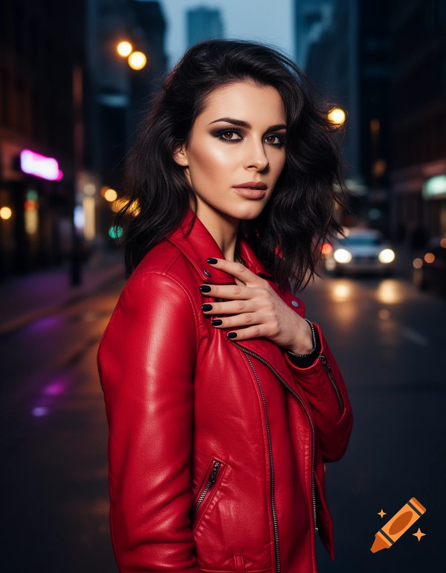 Photorealistic portrait of an elegant woman in a red leather jacket with dark nail polish, posing on a night city street.