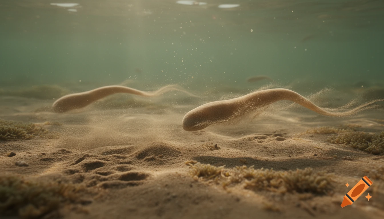 Photorealistic underwater scene with two primitive Ediacaran organisms creating subtle trails as they move across sandy sediment.