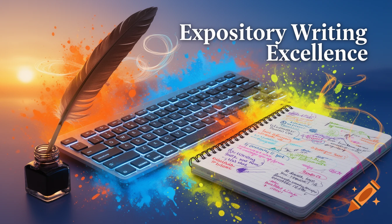 A vibrant banner with a quill and ink bottle, a glowing keyboard, and a notebook filled with colorful notes. Text: Expository Writing Excellence.
