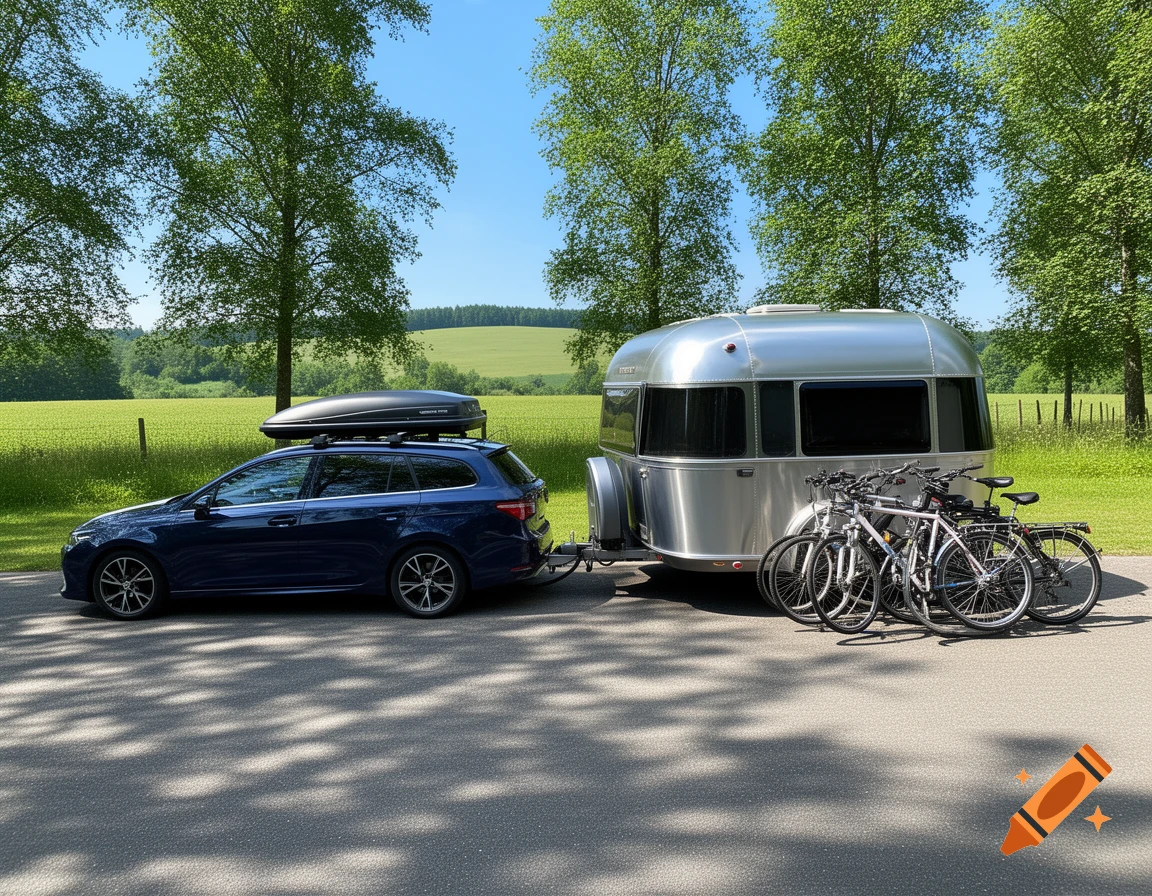 A blue station wagon with a roof box towing a silver caravan with bicycles attached, parked on asphalt with green fields and trees in the background under a blue sky.