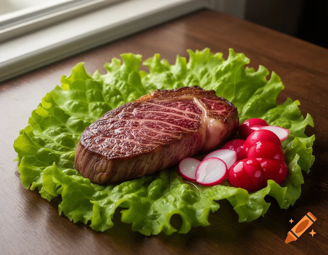 A perfectly cooked Wagyu steak rests on a bed of fresh green lettuce, accompanied by bright red glazed radishes on a wooden table.