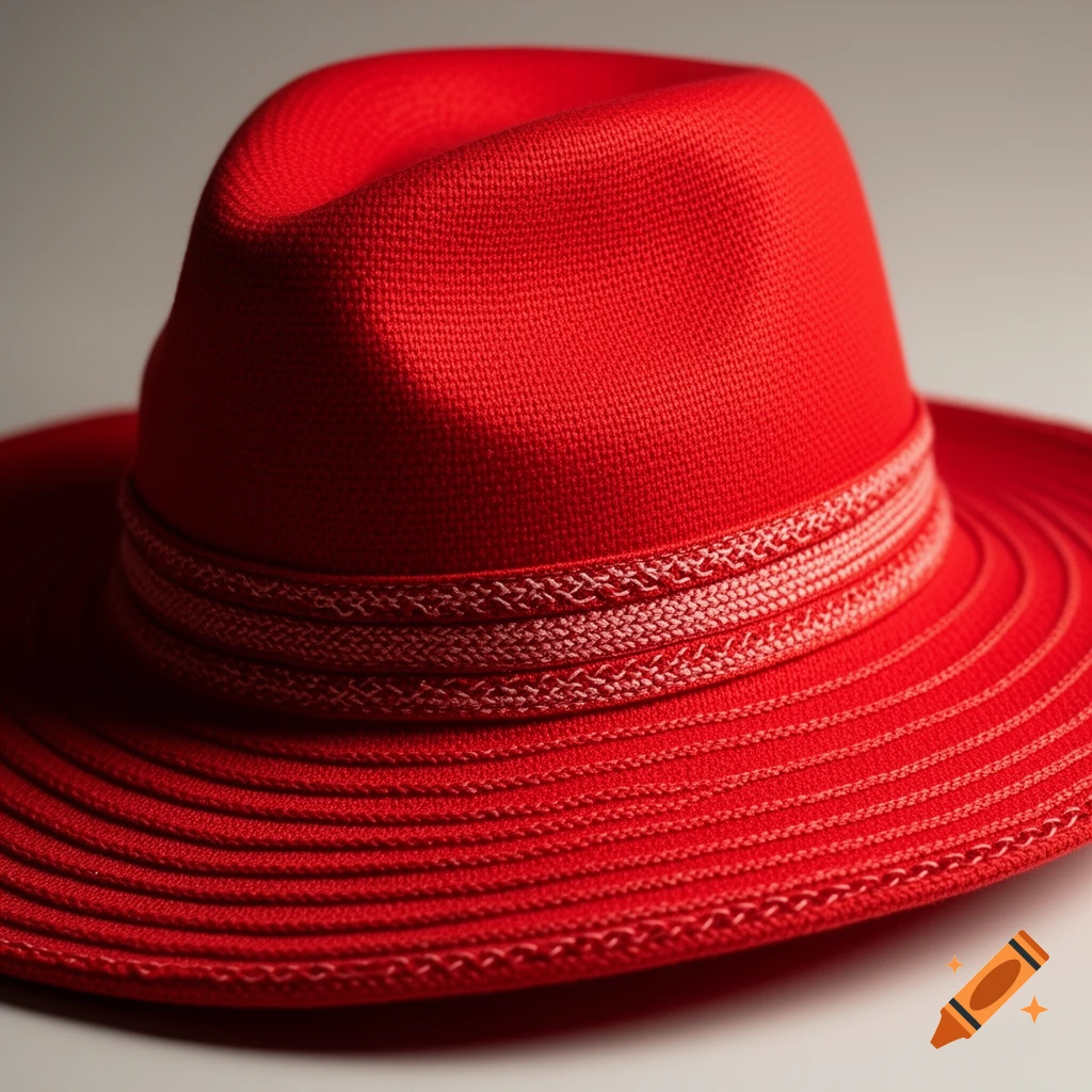 A close-up of a vibrant red fedora-style hat with a textured band, presented on a light background.