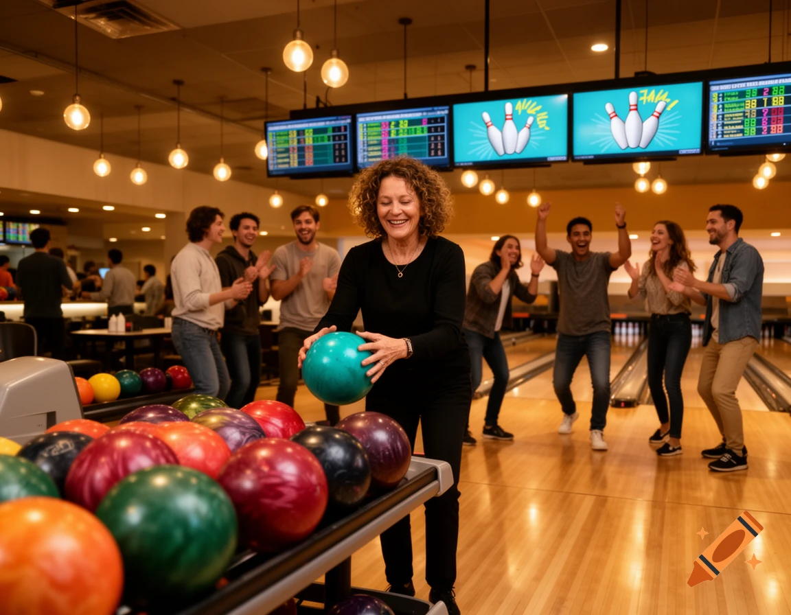 A smiling woman holds a turquoise bowling ball in a busy bowling alley while friends cheer in the background.