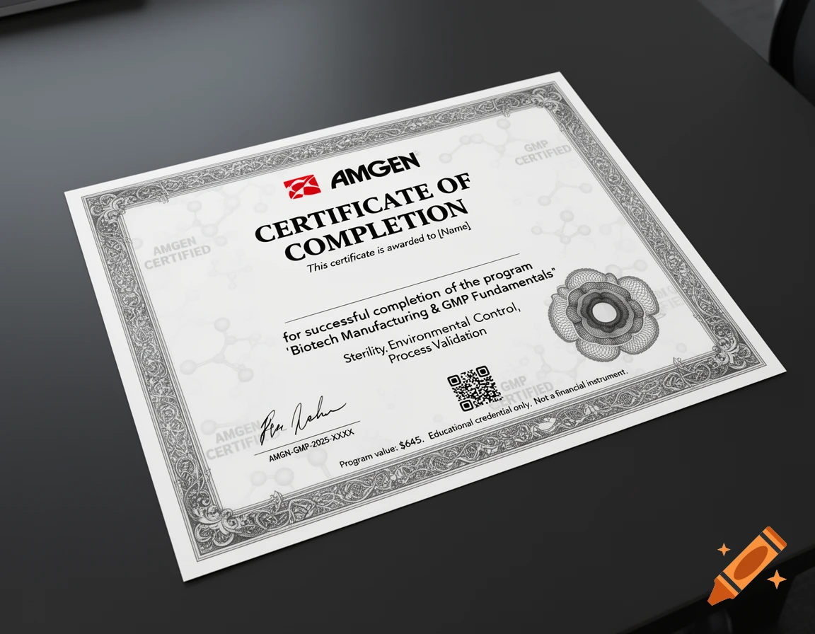 A photorealistic Amgen Certificate of Completion for Biotech Manufacturing and GMP Fundamentals program, on a dark table.