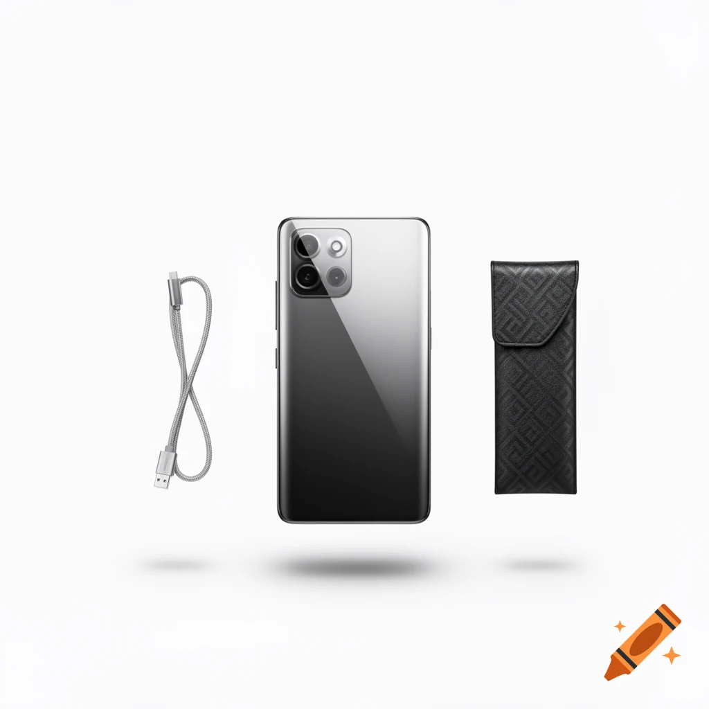 A gradient black smartphone, a silver braided charging cable, and a textured black phone case float against a white background.