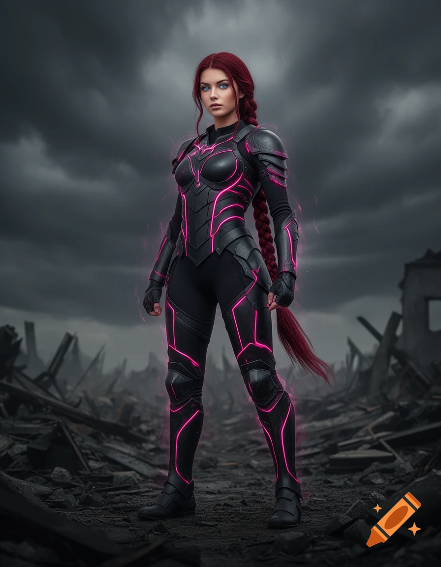A photorealistic female warrior with long red braids, clad in black armor with glowing pink accents, stands on a devastated battlefield.