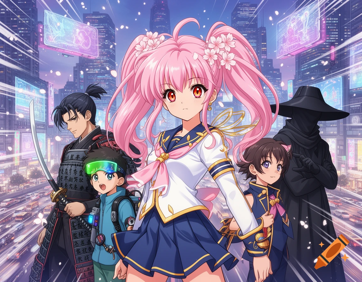 An anime group of diverse characters, including a pink-haired girl, a samurai, a boy with goggles, and a shadowy figure, in a futuristic city.