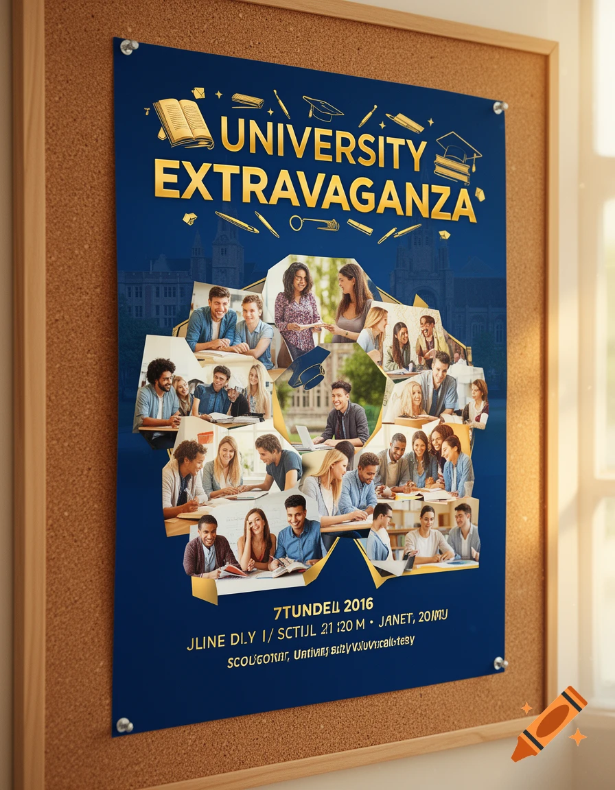 A blue poster for 'UNIVERSITY EXTRAVAGANZA' featuring a collage of smiling students and academic icons, pinned to a cork board.