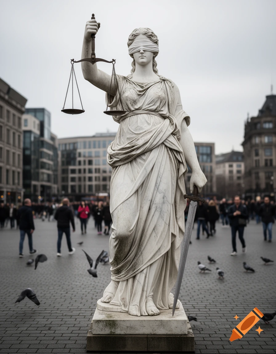 Photorealistic Lady Justice statue, blindfolded, holding scales and a sword in a bustling city square with pigeons.