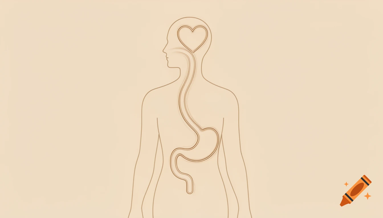 Elegant minimalist infographic illustration of a human silhouette with lines connecting a heart in the head to the stomach, on a beige background.
