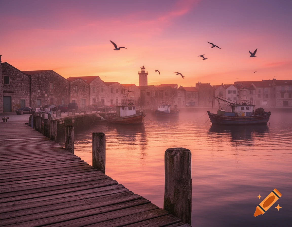 Misty harbor at sunset with fishing boats, a wooden dock, and coastal buildings under a vibrant pink and orange sky.