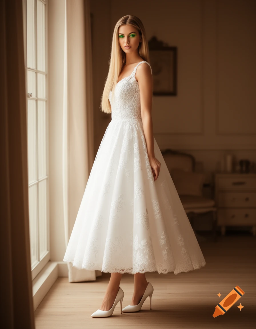 A blonde woman with bright green eyes wears a white lace midi dress and white heels while standing by a window.
