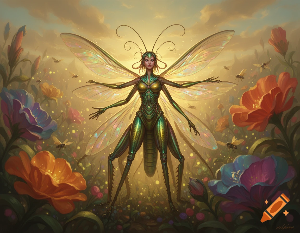 Fantasy art of a woman-insect hybrid with iridescent wings, standing among colorful flowers in a glowing field.