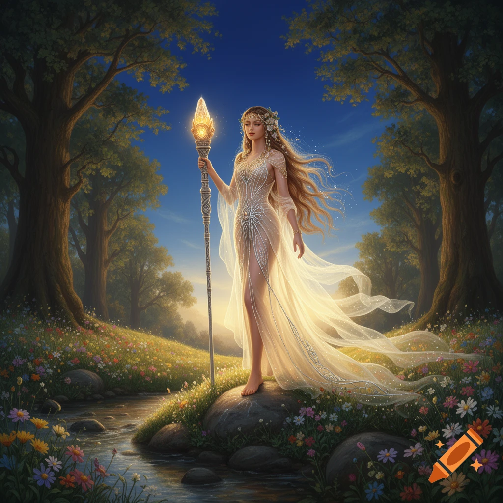 A beautiful goddess in a flowing sheer gown stands barefoot on a rock in an enchanted forest, holding a glowing staff by a stream with wildflowers.