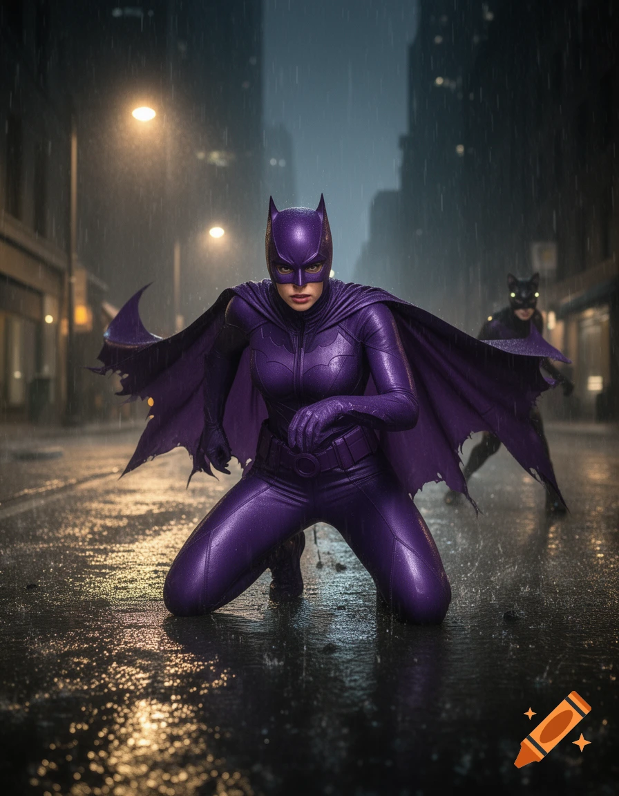 Photorealistic BatGirl in a shiny purple suit kneels on a wet city street in the rain, with Catwoman visible in the background.