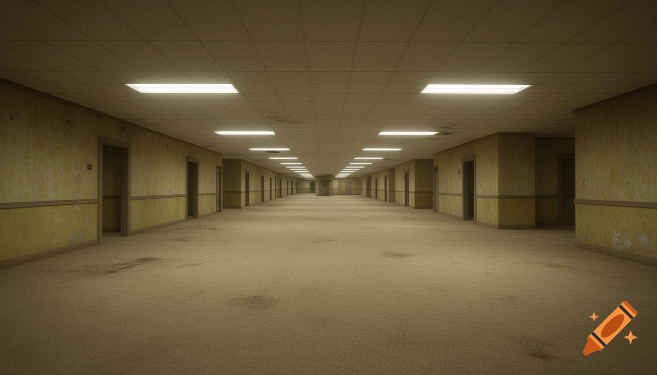A long, empty, dimly lit hallway with yellow peeling wallpaper, brown carpet, and fluorescent lights stretching into the distance.