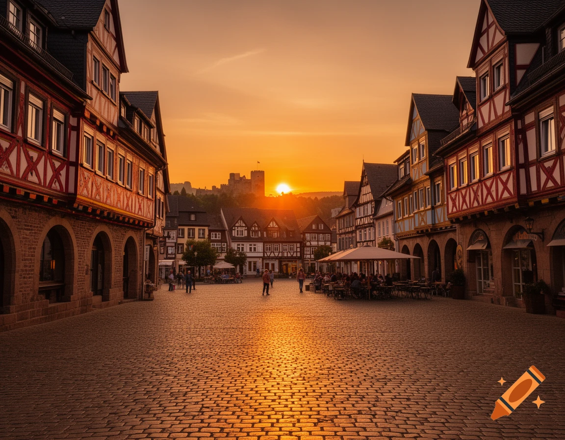 A photorealistic town square with half-timbered buildings and a distant castle at sunset, with people walking and dining.