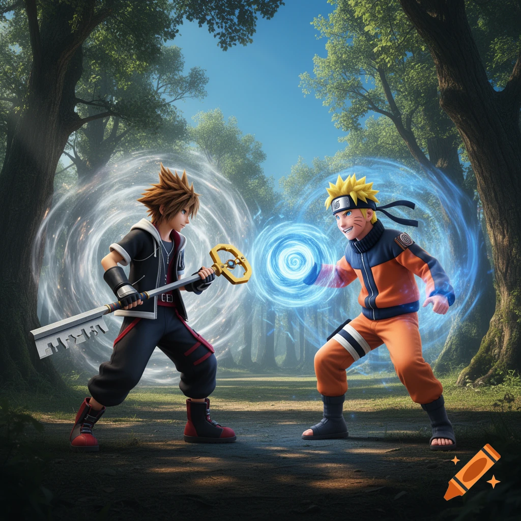 Sora from Kingdom Hearts with a Keyblade and Naruto with a blue energy sphere face each other in a forest, digital art.