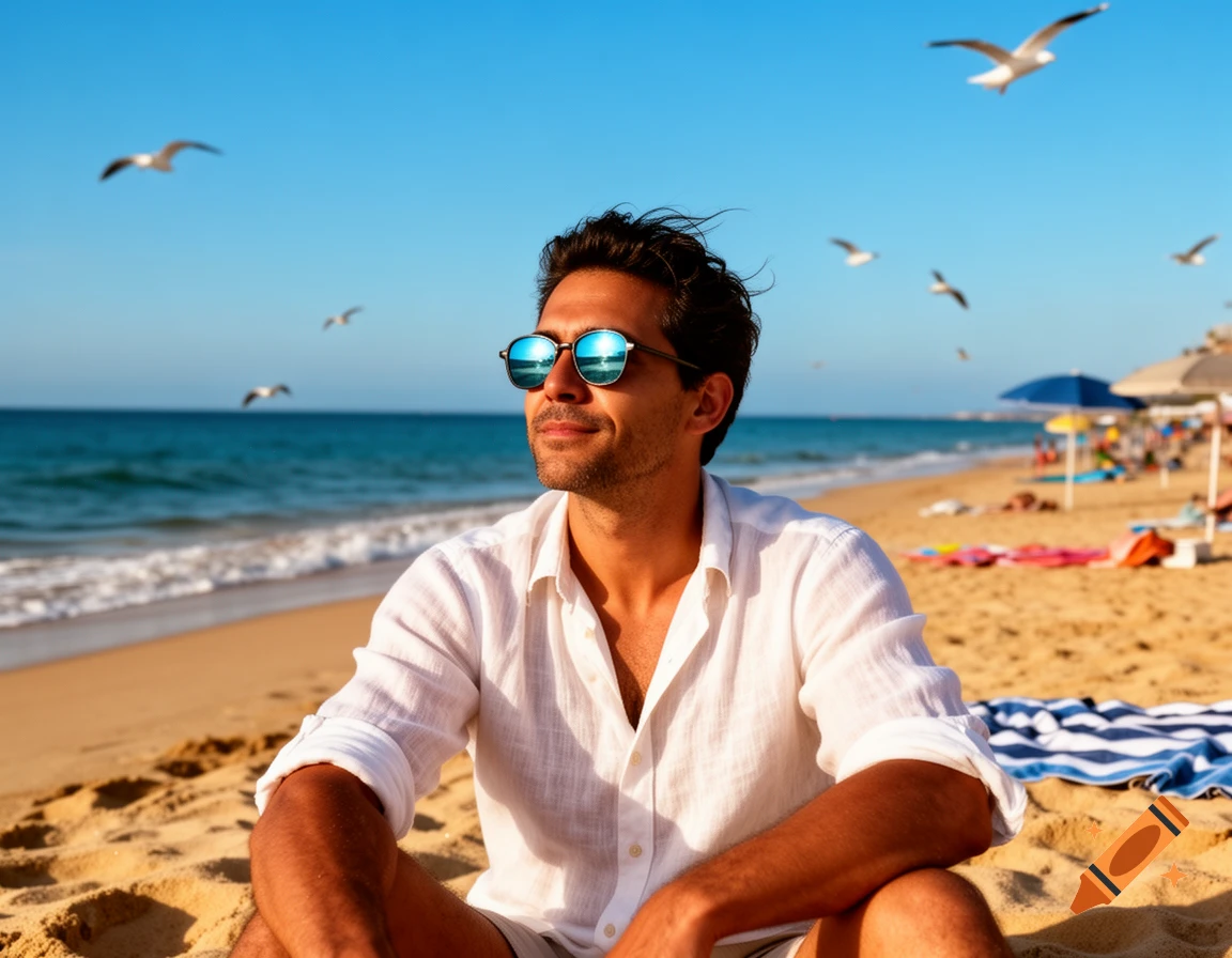 A man in a white shirt and sunglasses sits on a sunny beach, looking towards the sea with seagulls flying overhead.