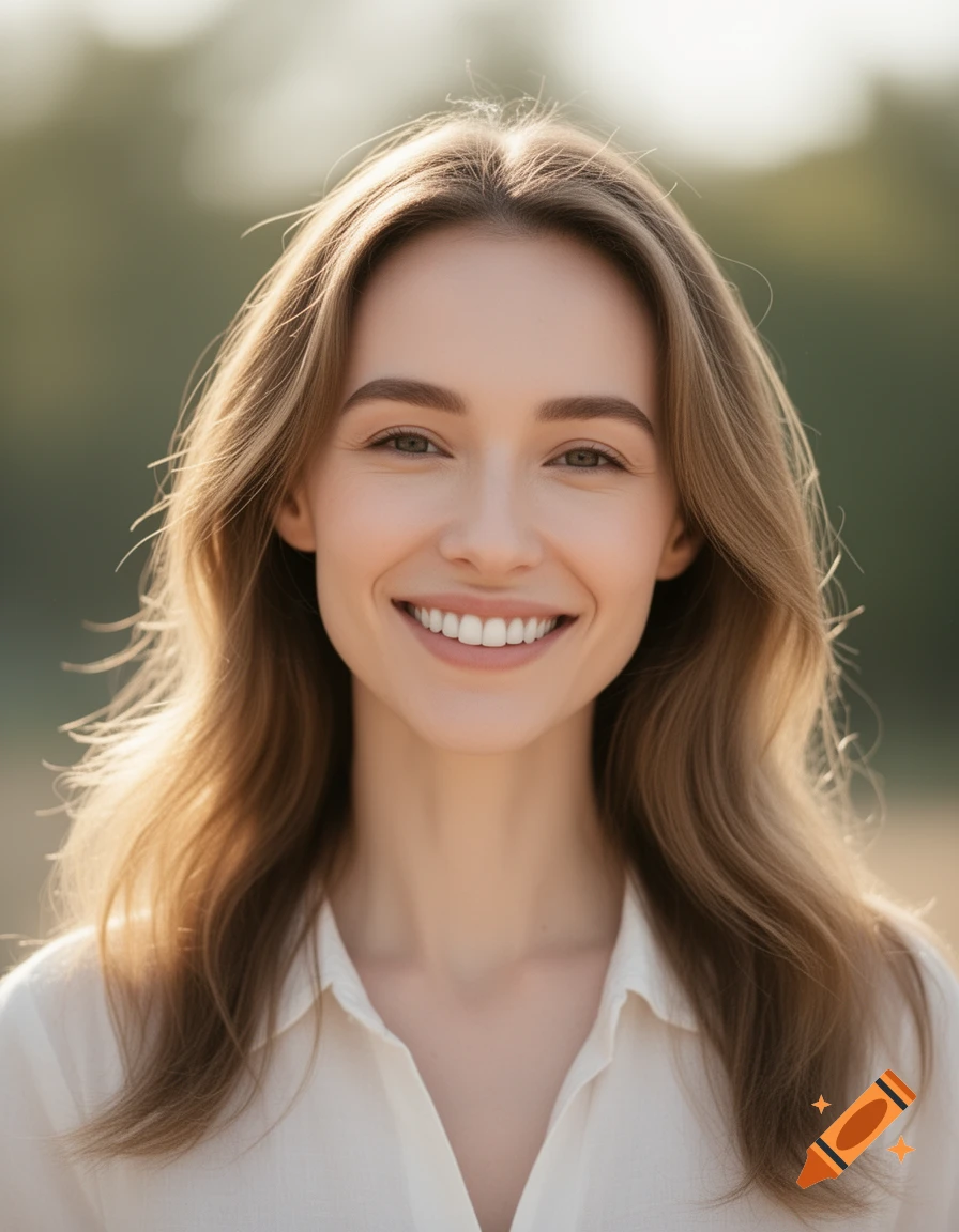 A close-up, photorealistic portrait of a smiling woman with light brown hair and a white shirt against a blurry outdoor background.
