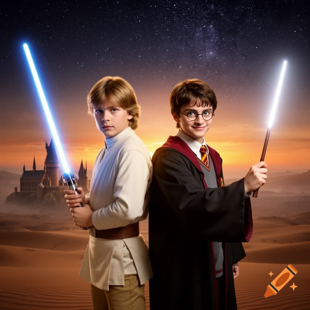 Young Luke Skywalker and Harry Potter stand back-to-back in a desert with a castle under a starry sky. Luke holds a blue lightsaber, Harry a glowing wand.