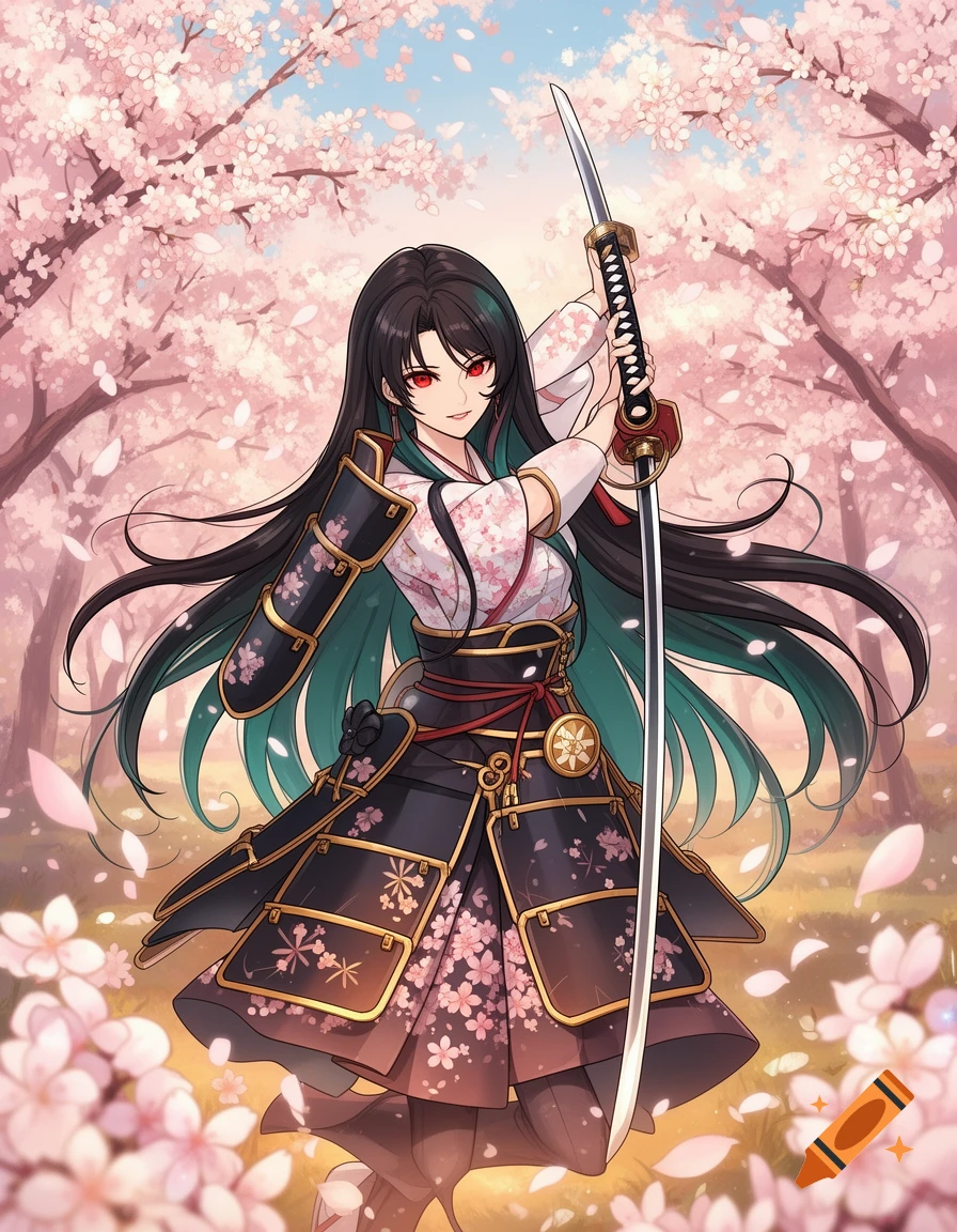 Anime-style female samurai with long black hair and red eyes, holding a katana, standing among pink cherry blossoms.