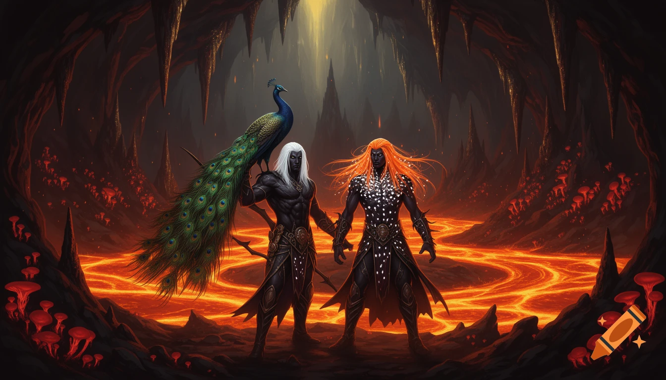 Two drow warriors and a peacock walk through an underdark cave with a lava river, fantasy style.