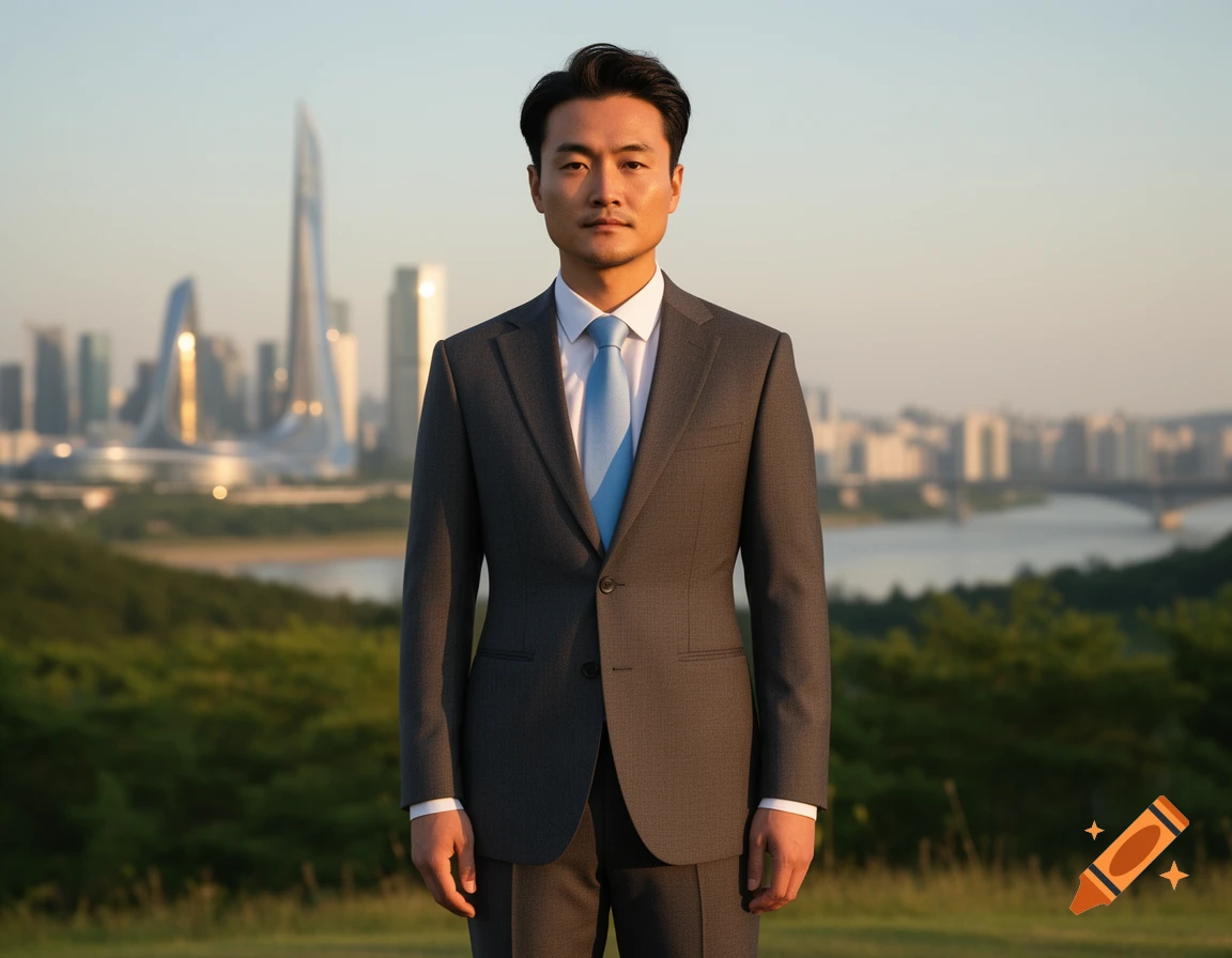 A man in a dark grey suit and light blue tie stands against a backdrop of a modern city skyline and a river at sunset.