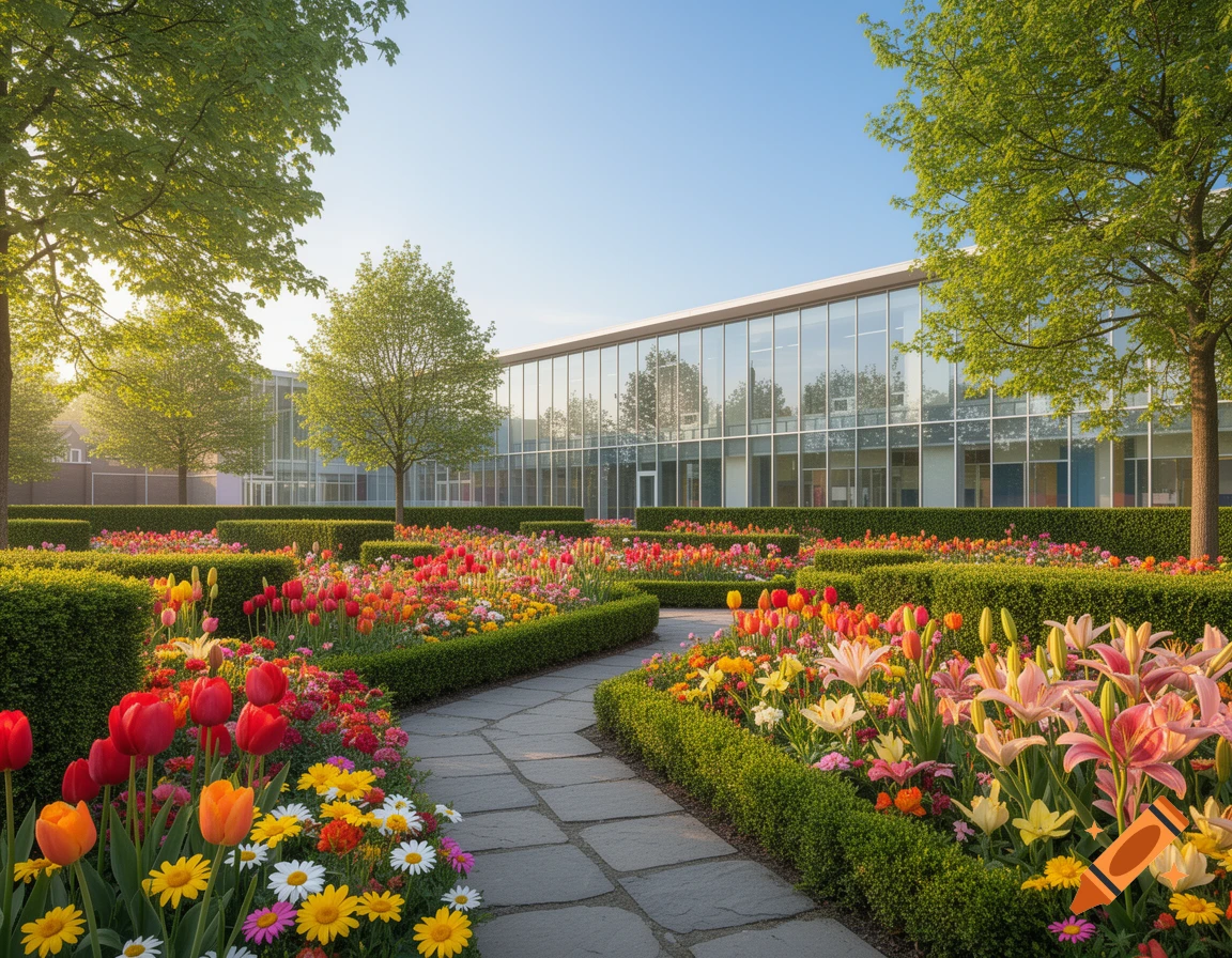 A vibrant garden with colorful flowers and green hedges leading to a modern glass building under a clear blue sky.