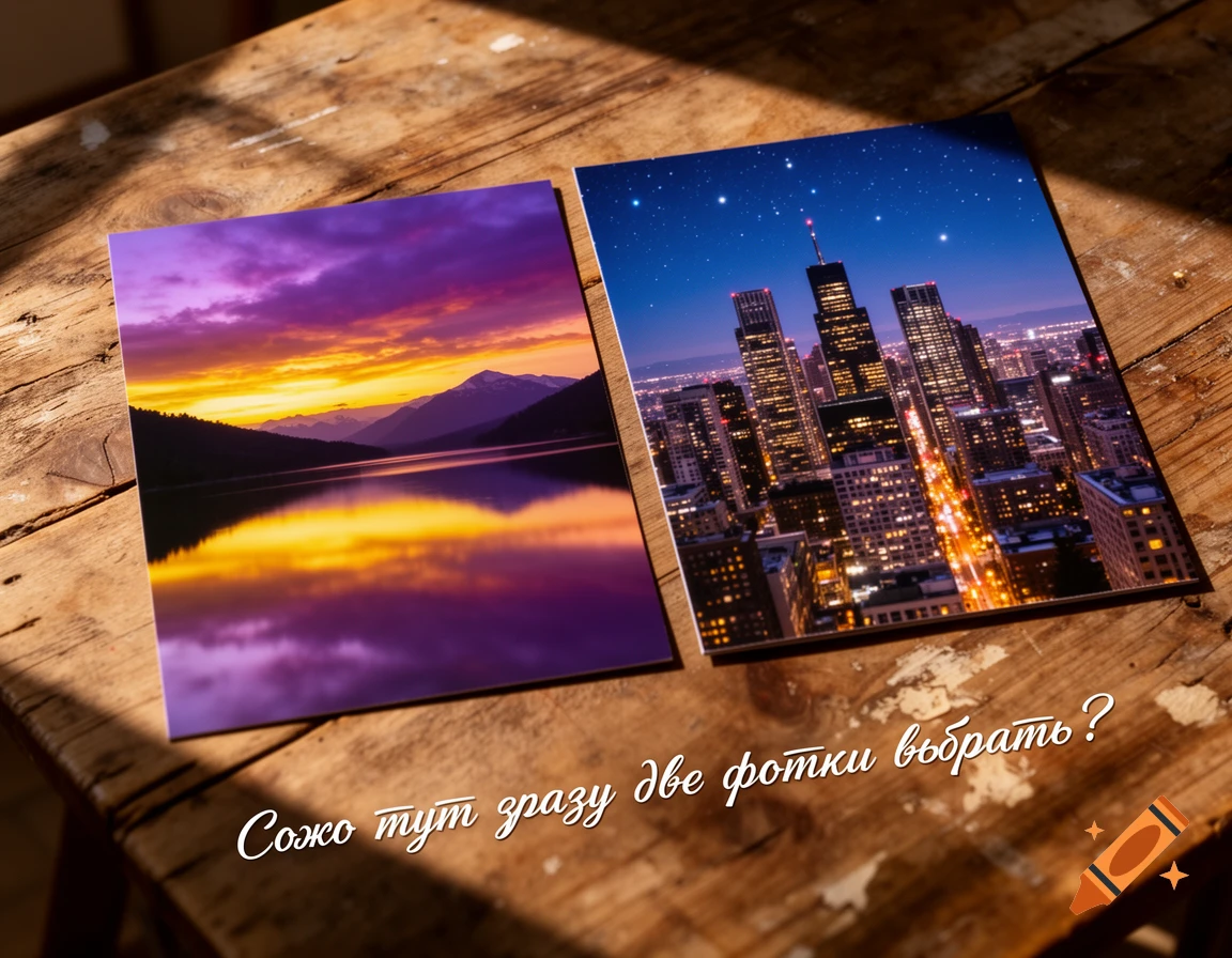 Two photorealistic prints, a sunset lake and a night city skyline, lie on a rustic wooden table with overlaid Russian text.