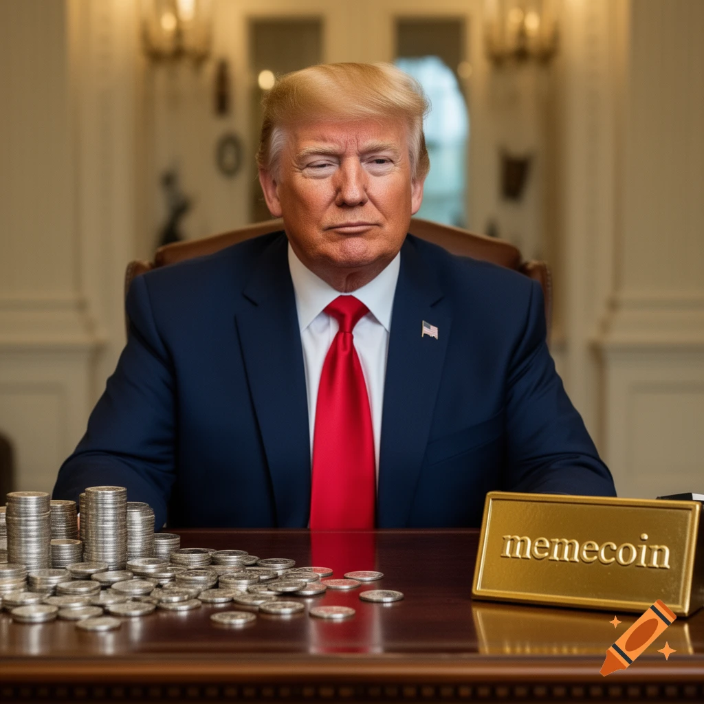 Donald Trump in a suit and red tie sits at a wooden desk with stacks of coins and a gold plaque labeled "memecoin".