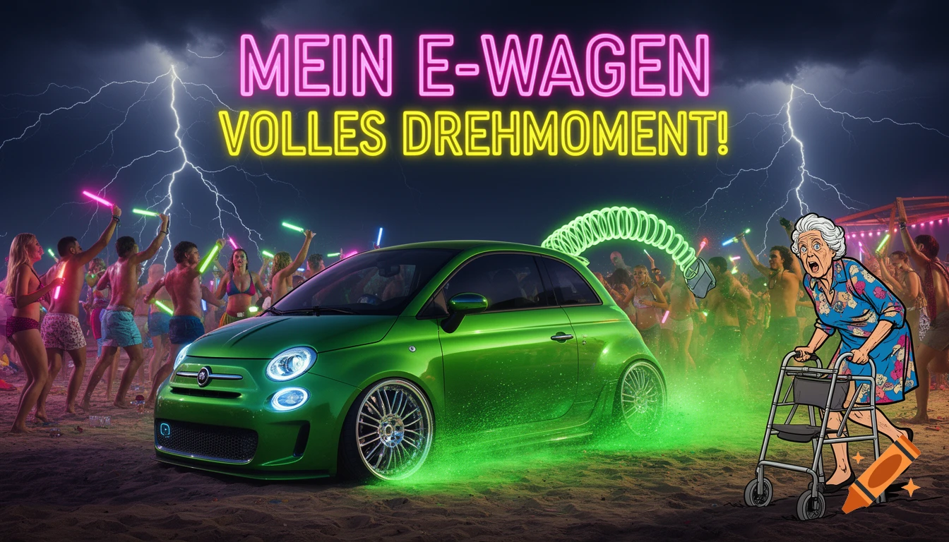 A vibrant image of a lowered green electric car on a beach, with neon text 'MEIN E-WAGEN VOLLES DREHMOMENT!'. Behind it, a wild beach party with people dancing and holding glow sticks under a stormy, lightning-filled sky. A shocked comic-style grandma with a walker flees from the car.