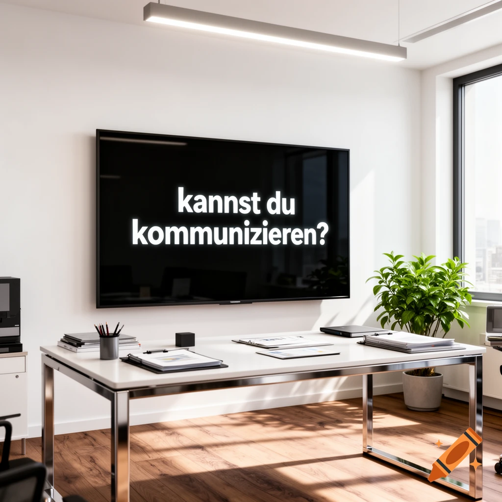 A modern office workspace with a large screen displaying 'kannst du kommunizieren?' above a white desk with documents and a plant.