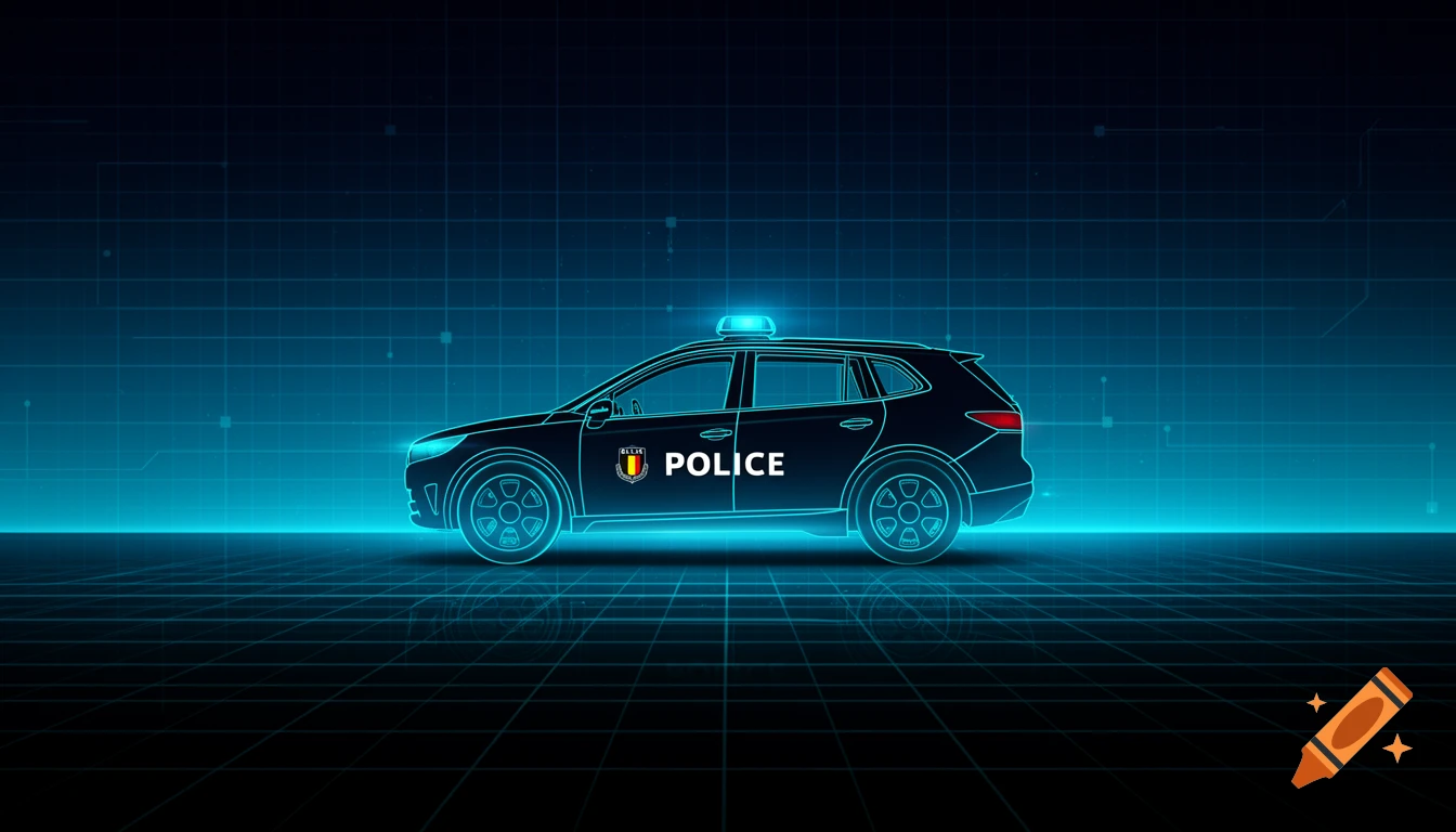 A stylized, futuristic black police car with neon blue outlines and a light bar, set against a dark blue technological grid background.