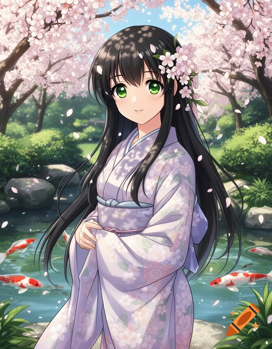 An anime girl in a light-colored kimono with cherry blossoms in her hair stands by a koi pond under blooming cherry trees.