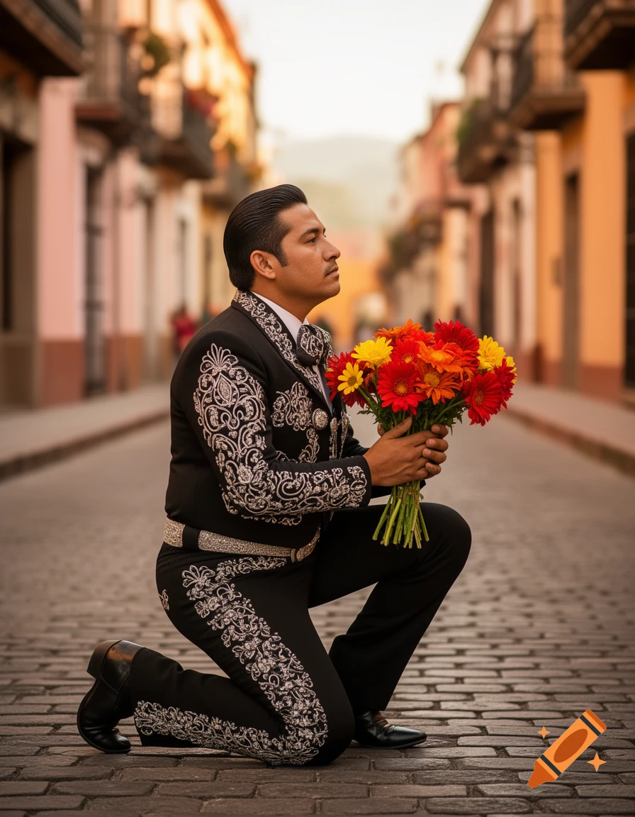 A man in a black charro suit with silver embroidery kneels on a cobblestone street, holding a vibrant bouquet of red and yellow flowers.