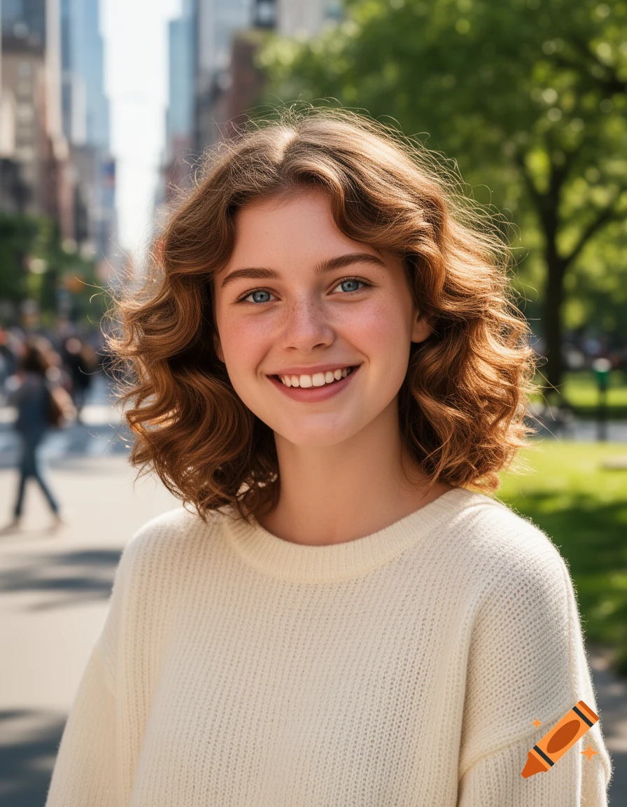 Smiling young woman with curly brown hair and blue eyes on a sunny city street with blurred buildings, photorealistic.