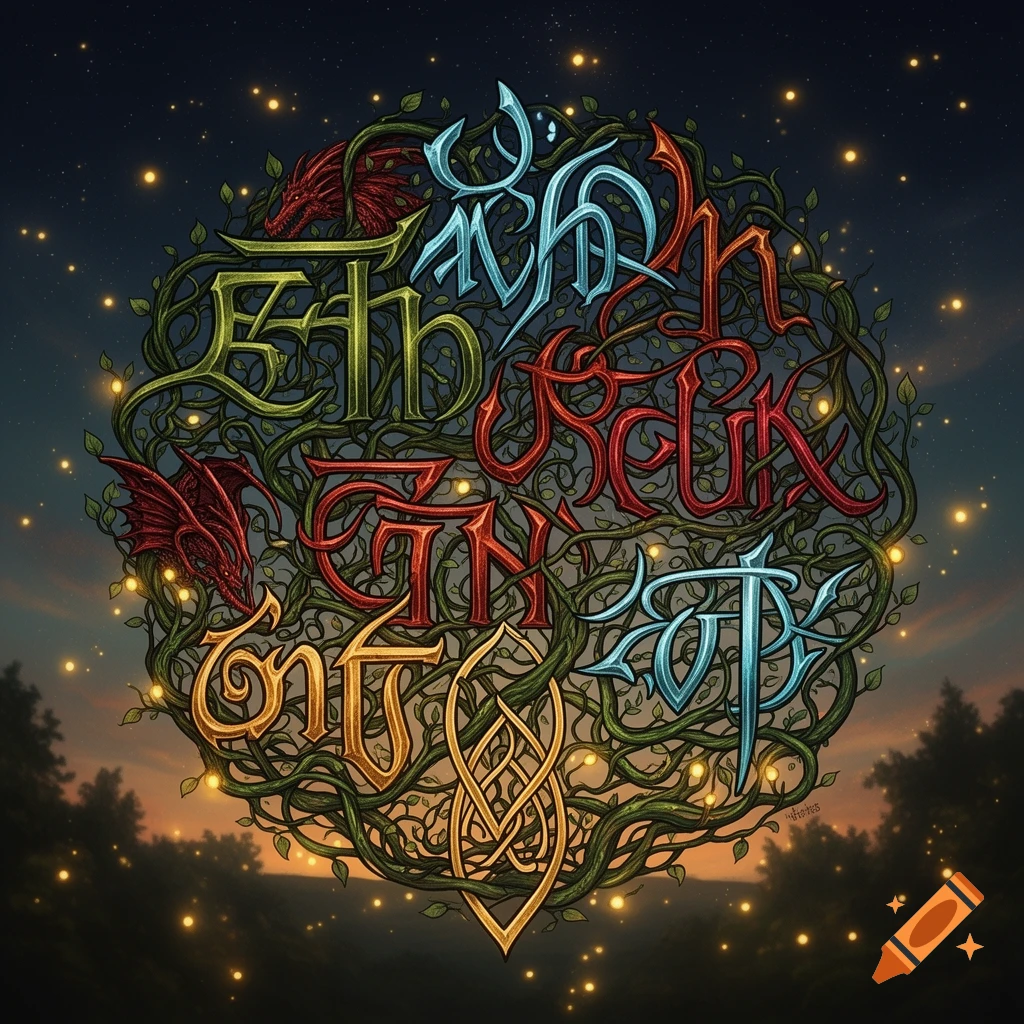 Circular Celtic knot-style design with intertwined vines, colorful stylized letters, two red dragons, and glowing lights against a starry night sky.