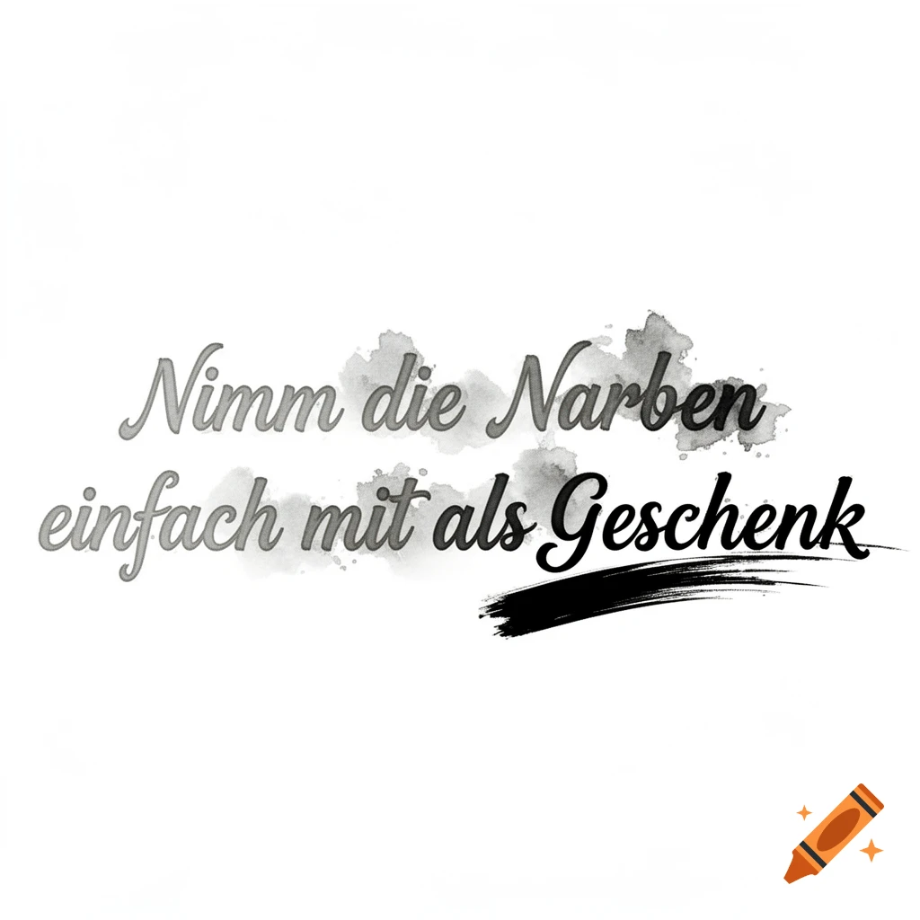 German quote 'Nimm die Narben einfach mit als Geschenk' in grey watercolor script with black ink accents on a white background.