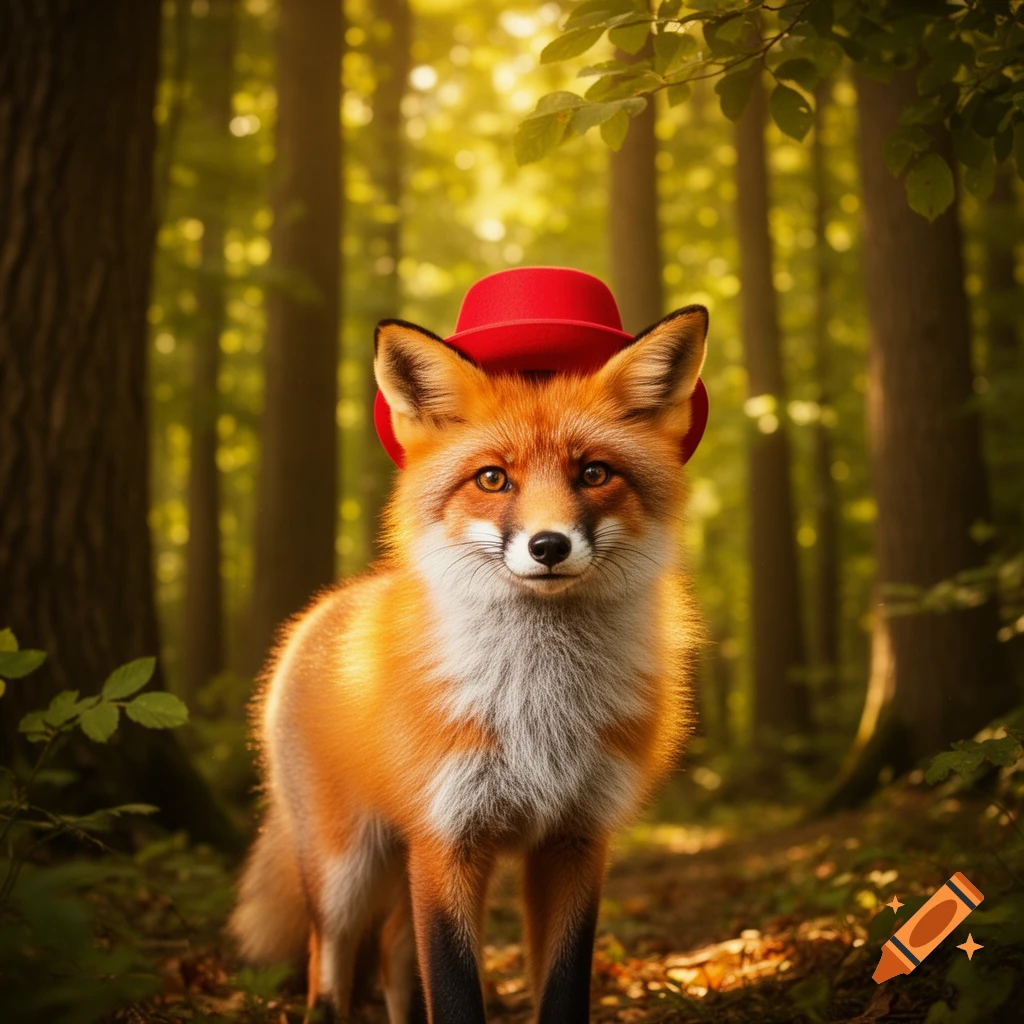 A photorealistic red fox wearing a small red hat stands in a sunlit forest, looking at the viewer.