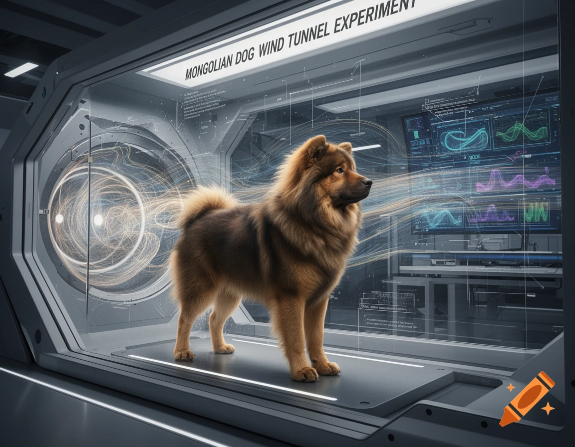 A fluffy brown Mongolian dog stands in a futuristic glass wind tunnel chamber, with glowing lines indicating airflow and scientific monitors in the background. Photorealistic style.