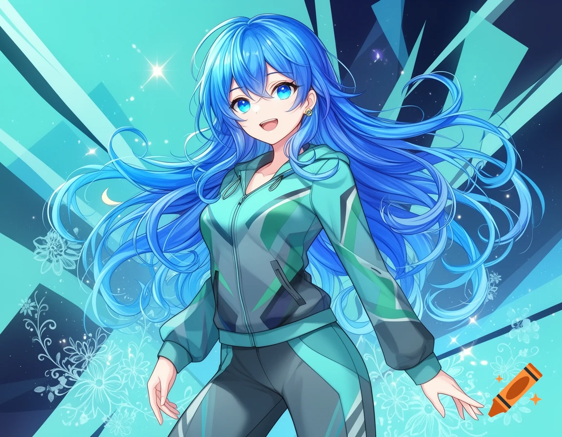 Smiling anime girl with long blue hair and blue eyes in a teal tracksuit, against a vibrant blue abstract background.