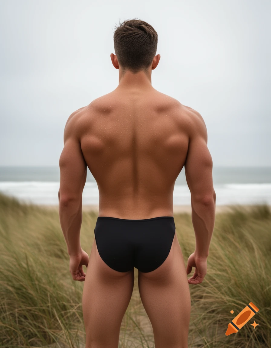 Rear view of a muscular man in a black speedo standing on a grassy dune overlooking the ocean under a cloudy sky.