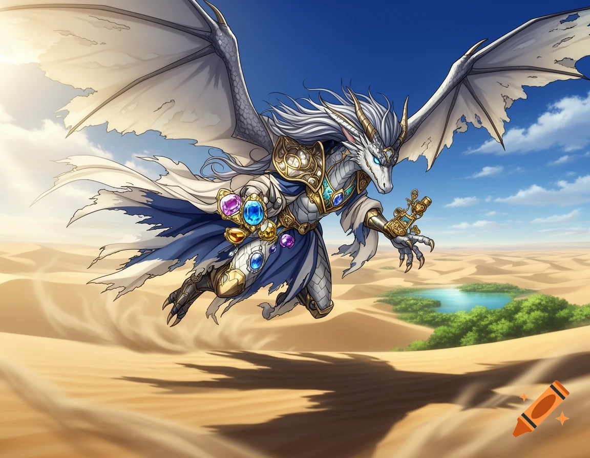 Armored white dragon-like creature with large wings flies over a vast desert with an oasis under a sunny blue sky, illustration.