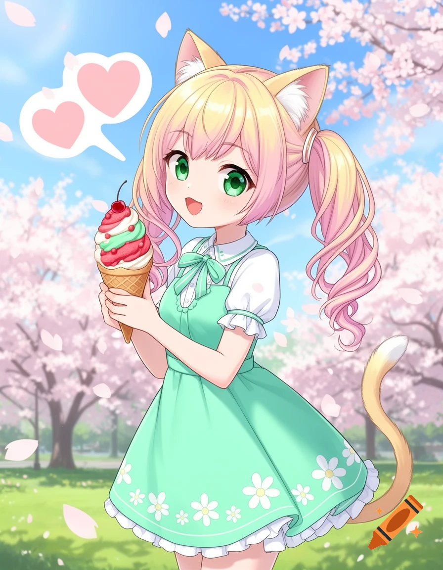 A cute anime cat girl with pink pigtails and green eyes holds a swirled ice cream cone in a park with cherry blossom trees.