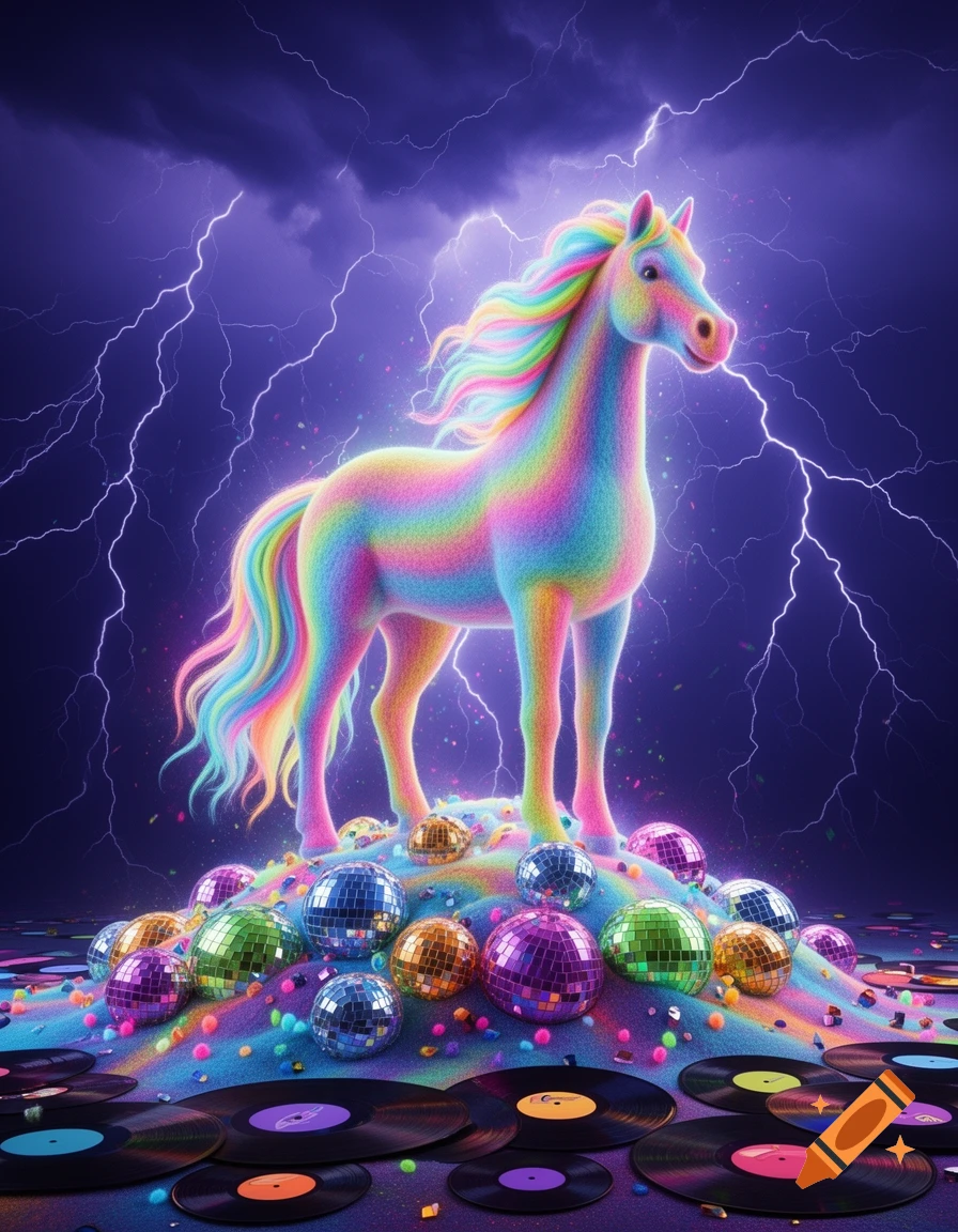 A vibrant rainbow felt horse stands atop a pile of colorful disco balls and vinyl records under a blacklight thunderstorm.