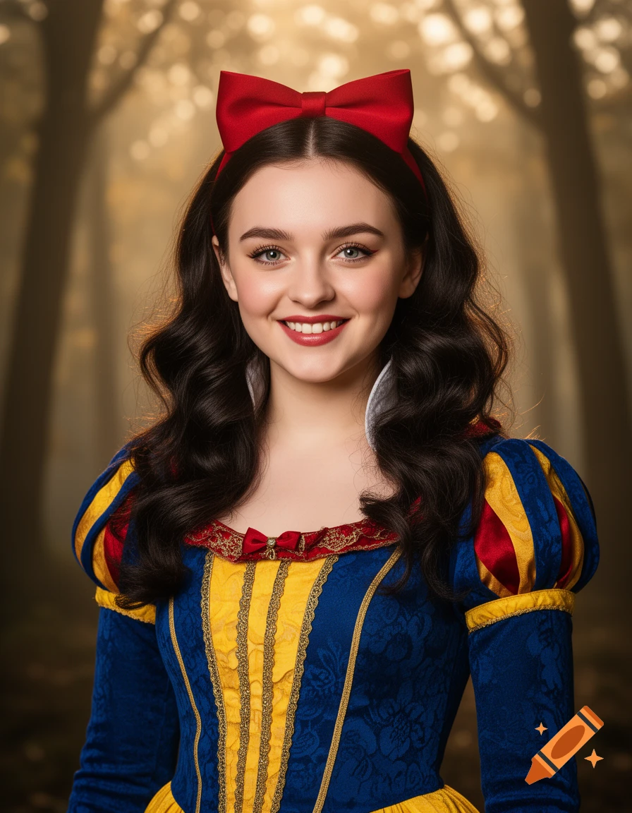A smiling woman with dark hair and a red bow, dressed as Snow White, in a forest.