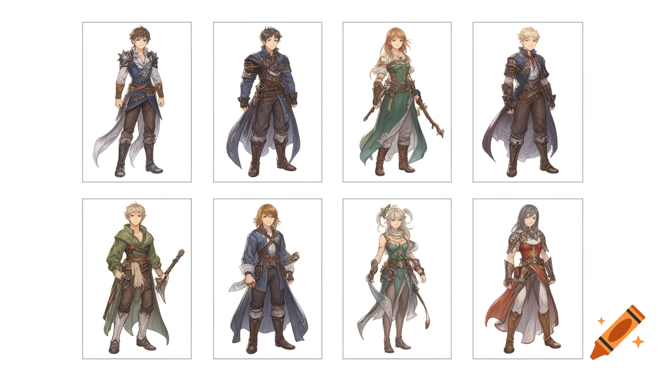 Eight fantasy characters, four male and four female, wearing various medieval-style outfits with armor accents, against a white background.