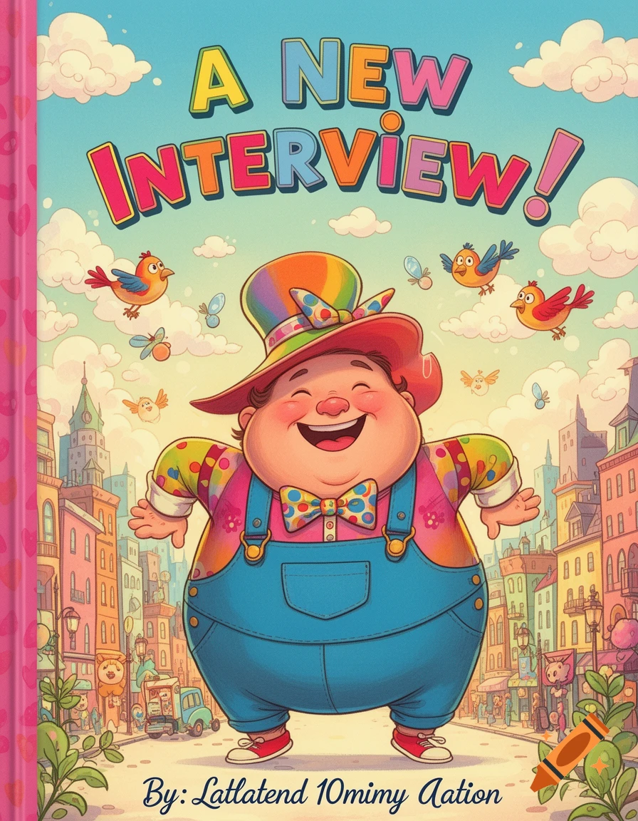 A cheerful, plump cartoon man in a rainbow hat and blue overalls stands with arms outstretched on a colorful city street, on a children's book cover titled "A New Interview!"