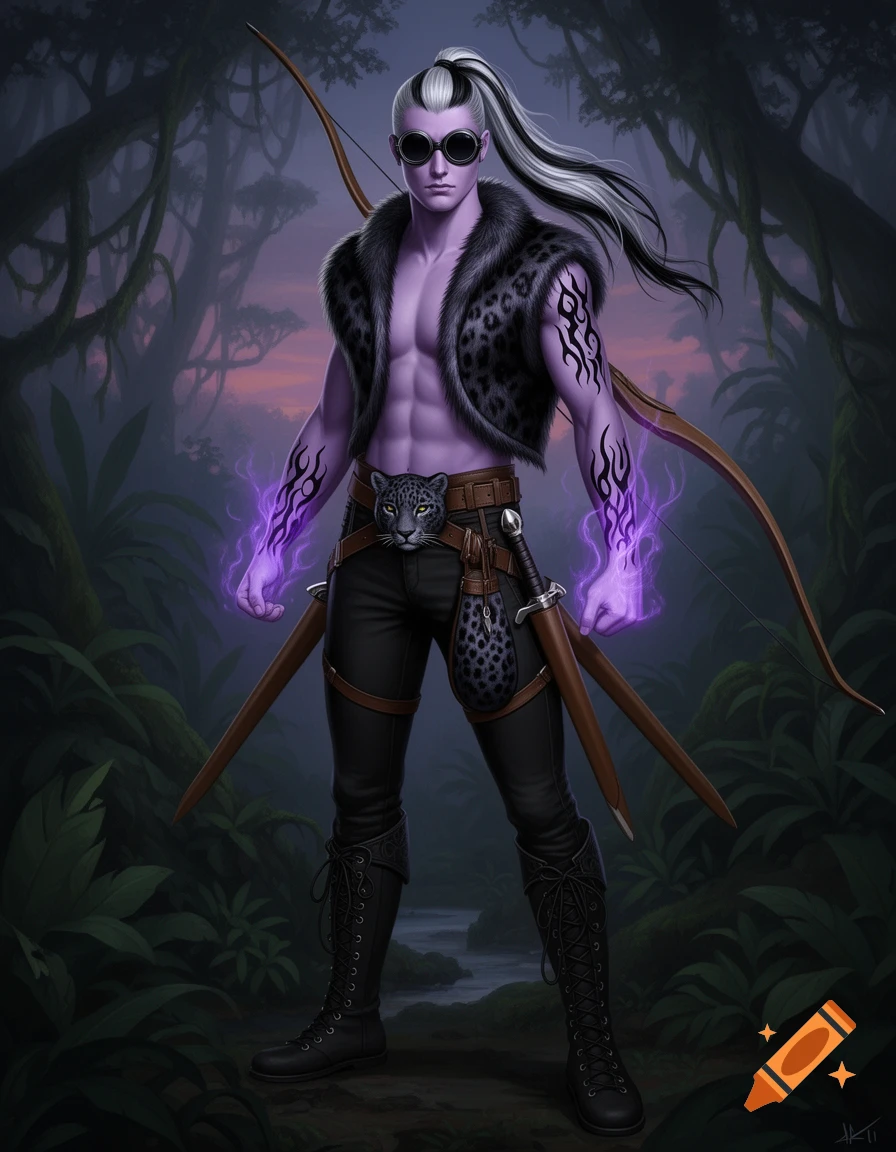 Purple-skinned Drow hunter with silver hair, sunglasses, a fur vest, glowing tribal arm tattoos, longbow, and shortswords in a twilight jungle.